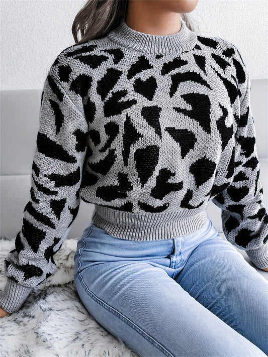 Leopard Print Crop Sweater, Casual Crew Neck Long Sleeve Sweater, Casual Tops For Fall & Winter, Women's Clothing