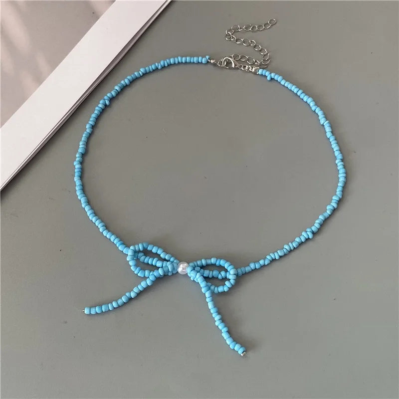 Korean Fashion Knotbow Choker Necklace for Girl Trendy Romantic Handmade Rice Beads Short Neck Jewelry Gift for Friend Wholesale