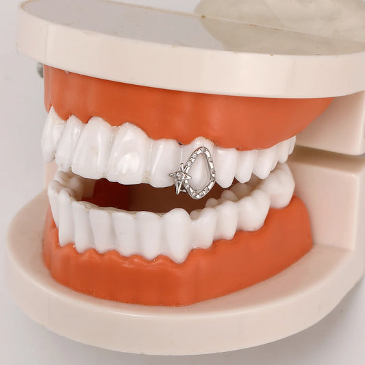 TOPGRILLZ Geometric Single Skeleton Iced Out Star Zircon Teeth Grillz Vintage CZ Stone Tooth Caps For Women Men Halloween Gift