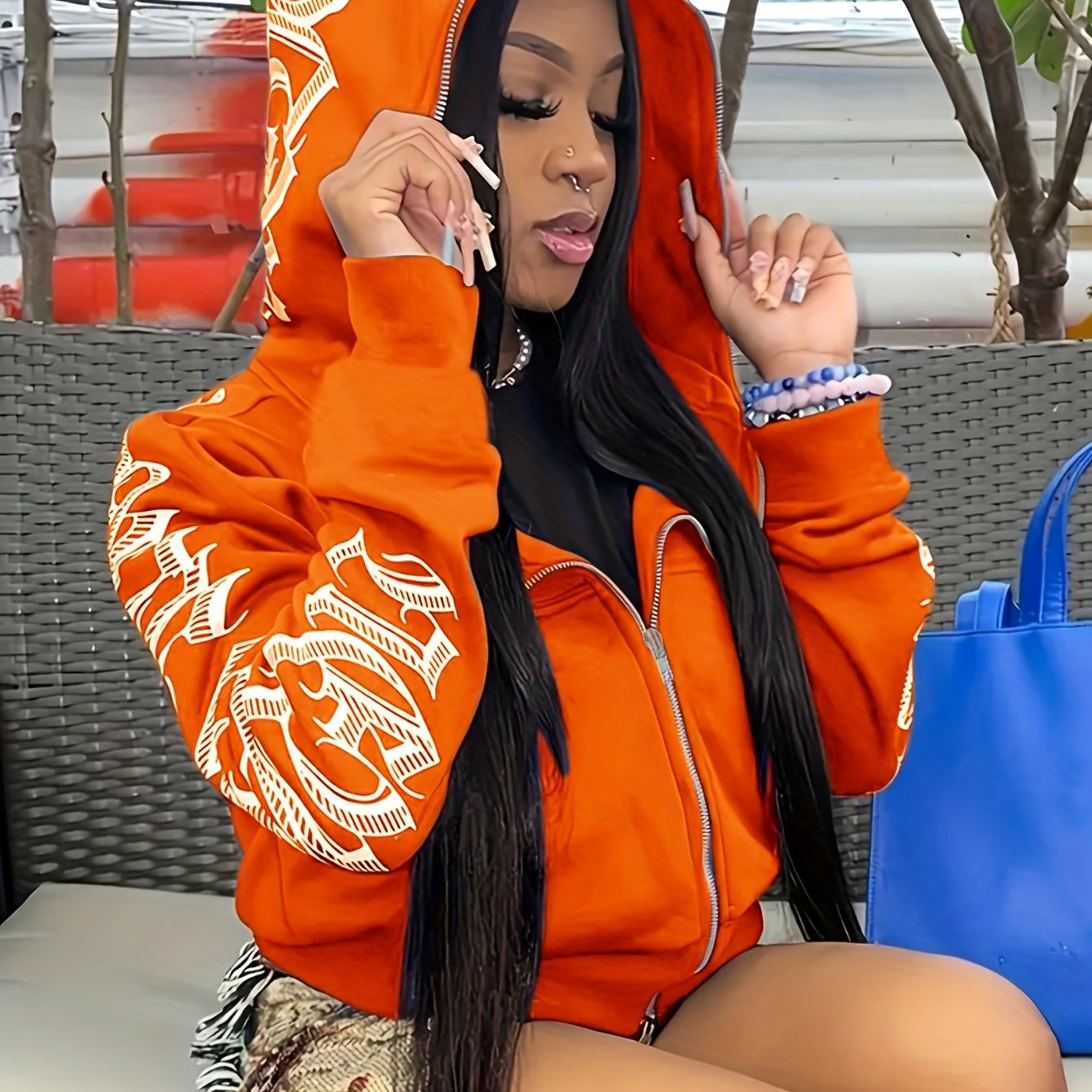 [Gothic Punk Hoodies] Cyber Y2K Gothic Punk Long Sleeve Zip Up Hoodies, Women's Letter Print Sweatshirt