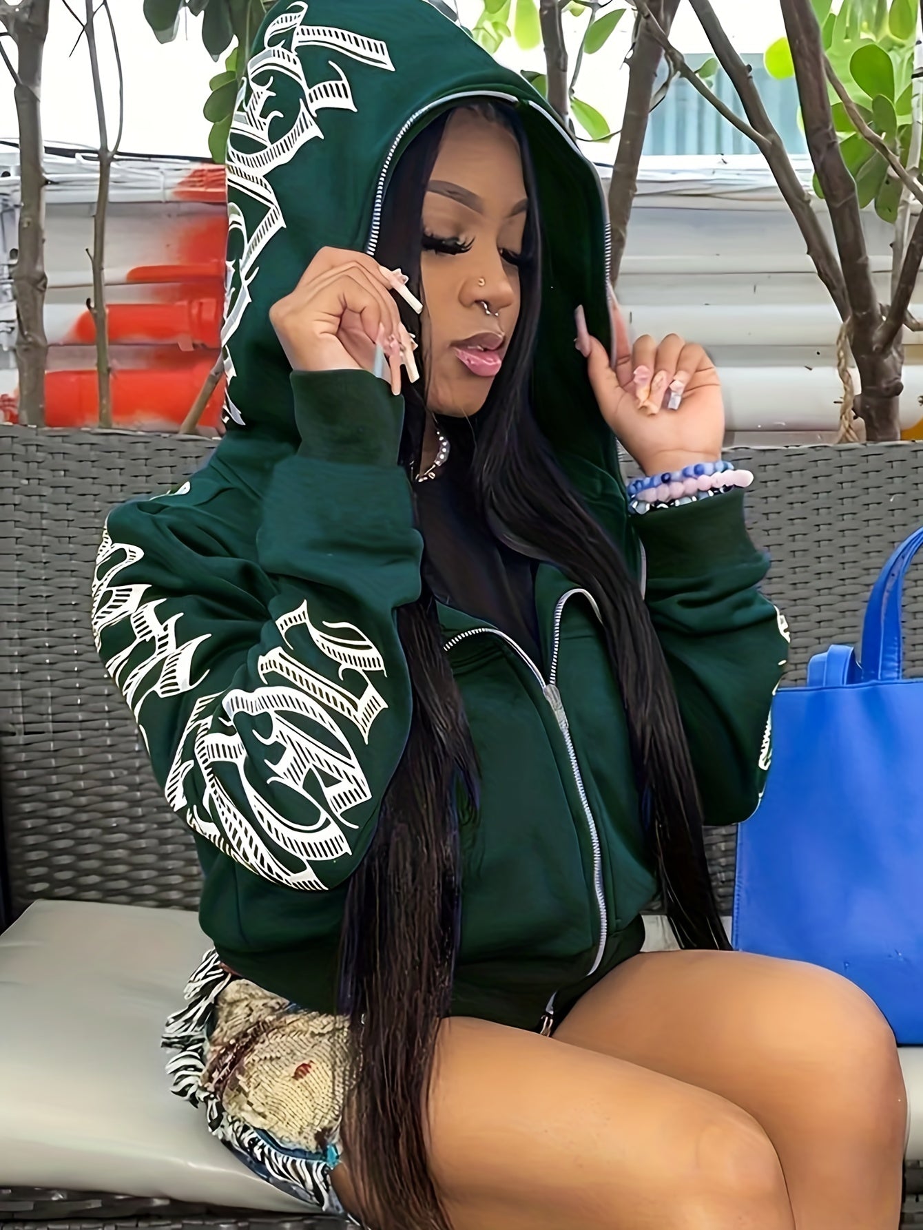 [Gothic Punk Hoodies] Cyber Y2K Gothic Punk Long Sleeve Zip Up Hoodies, Women's Letter Print Sweatshirt