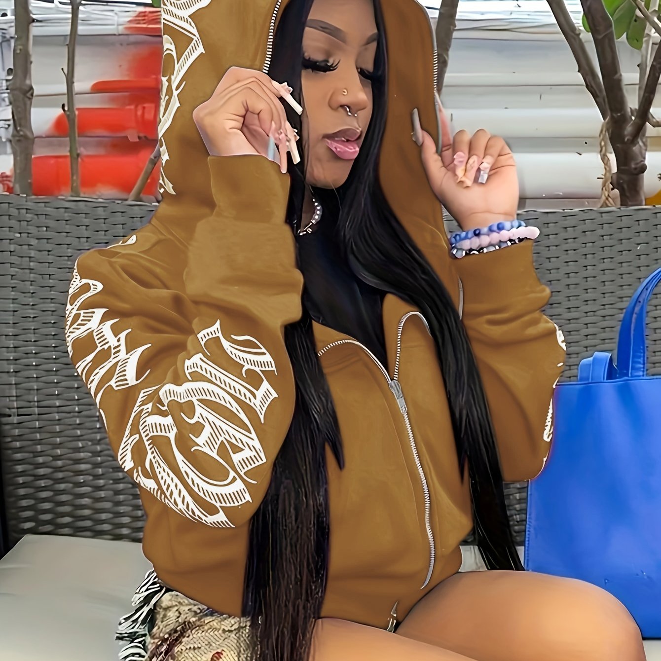 [Gothic Punk Hoodies] Cyber Y2K Gothic Punk Long Sleeve Zip Up Hoodies, Women's Letter Print Sweatshirt