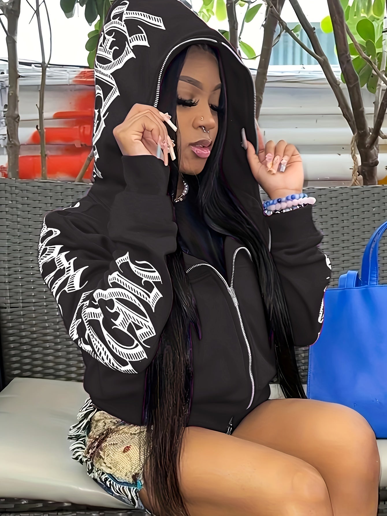 [Gothic Punk Hoodies] Cyber Y2K Gothic Punk Long Sleeve Zip Up Hoodies, Women's Letter Print Sweatshirt