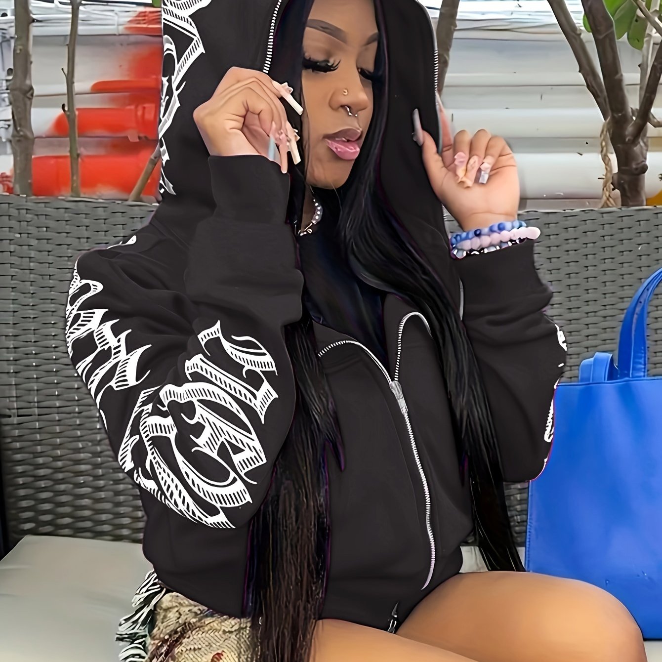 [Gothic Punk Hoodies] Cyber Y2K Gothic Punk Long Sleeve Zip Up Hoodies, Women's Letter Print Sweatshirt