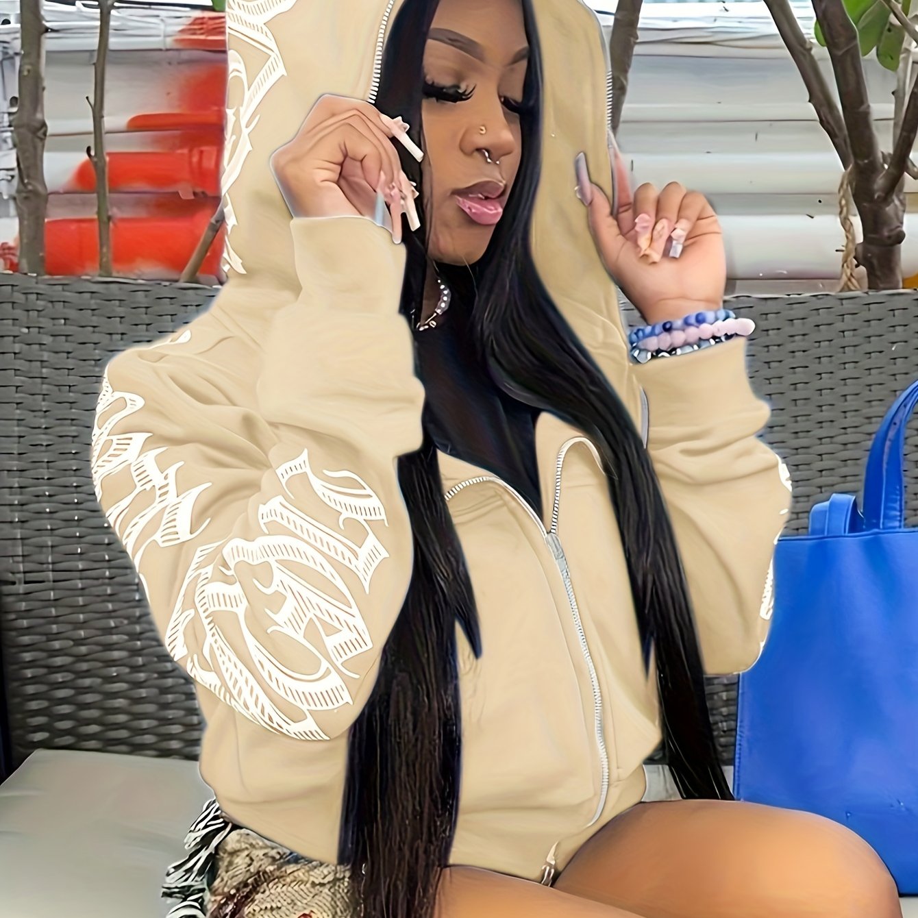 [Gothic Punk Hoodies] Cyber Y2K Gothic Punk Long Sleeve Zip Up Hoodies, Women's Letter Print Sweatshirt