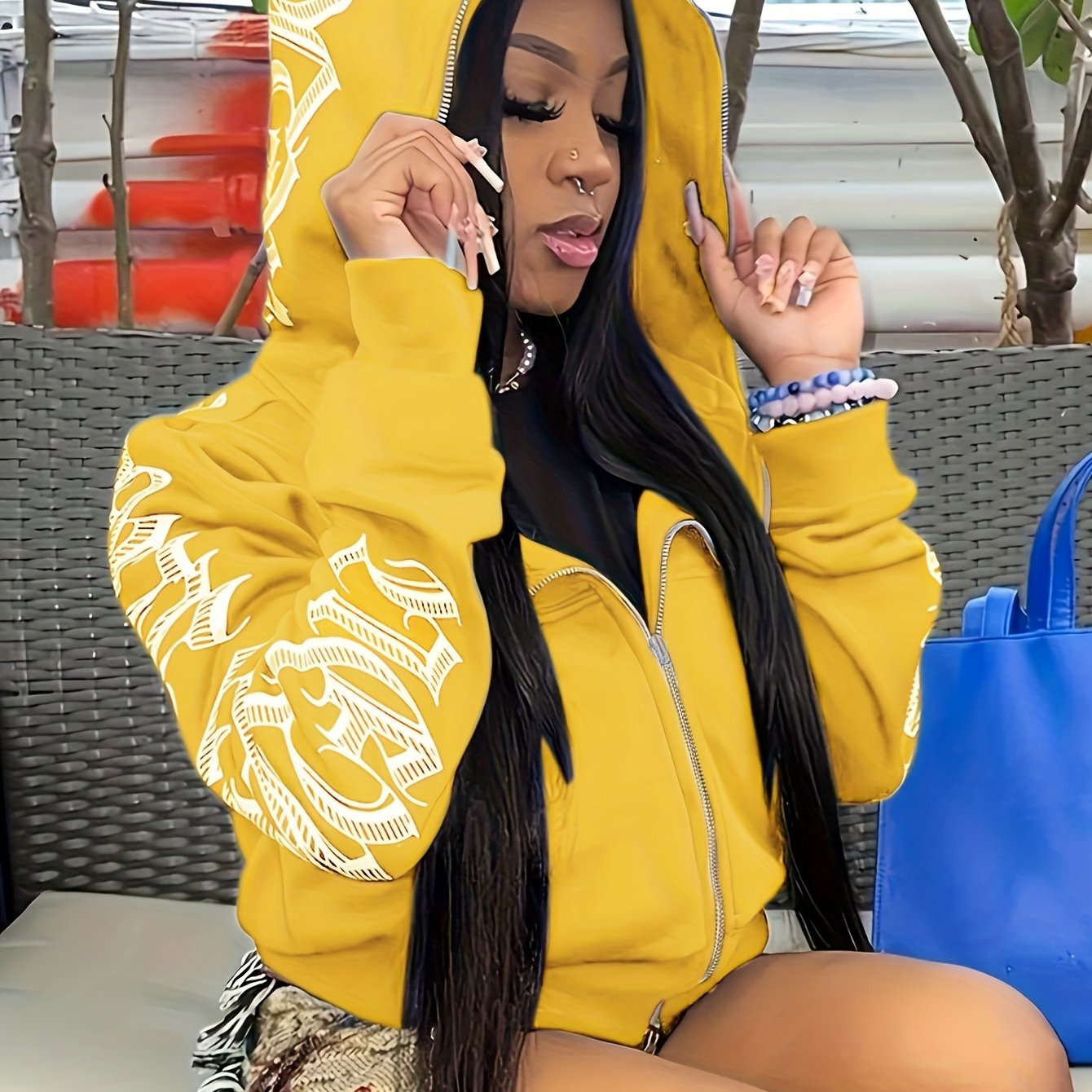 [Gothic Punk Hoodies] Cyber Y2K Gothic Punk Long Sleeve Zip Up Hoodies, Women's Letter Print Sweatshirt