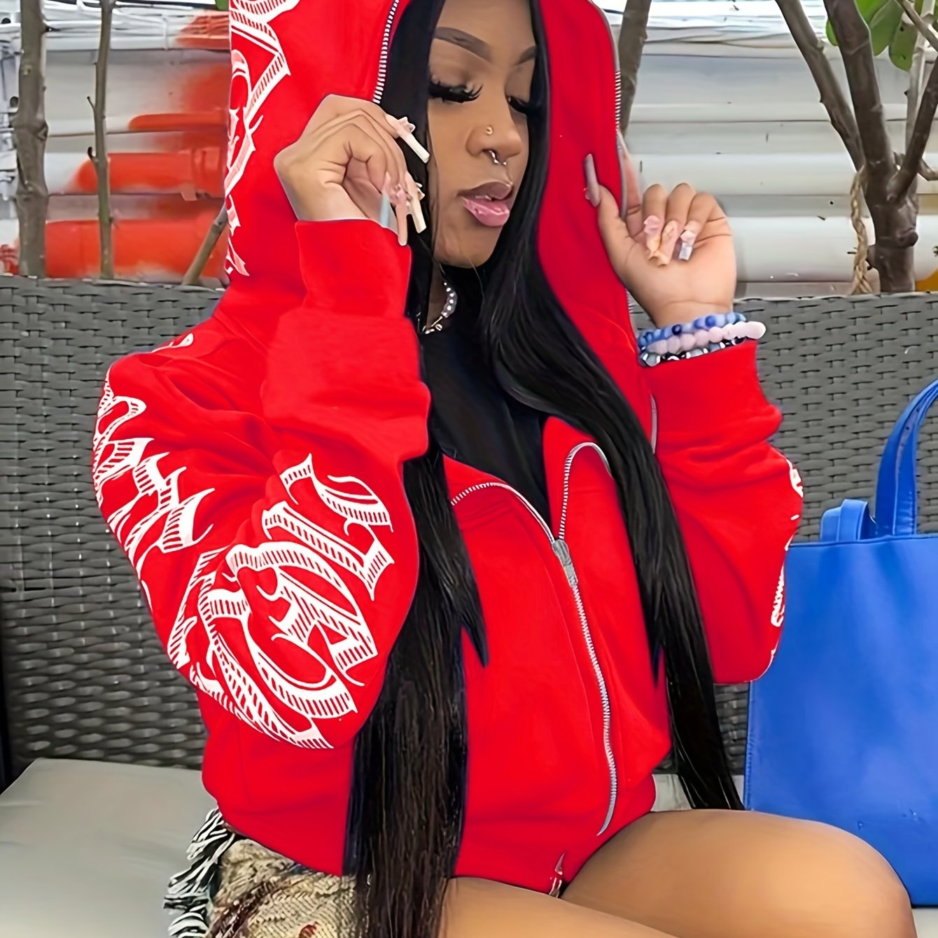 [Gothic Punk Hoodies] Cyber Y2K Gothic Punk Long Sleeve Zip Up Hoodies, Women's Letter Print Sweatshirt