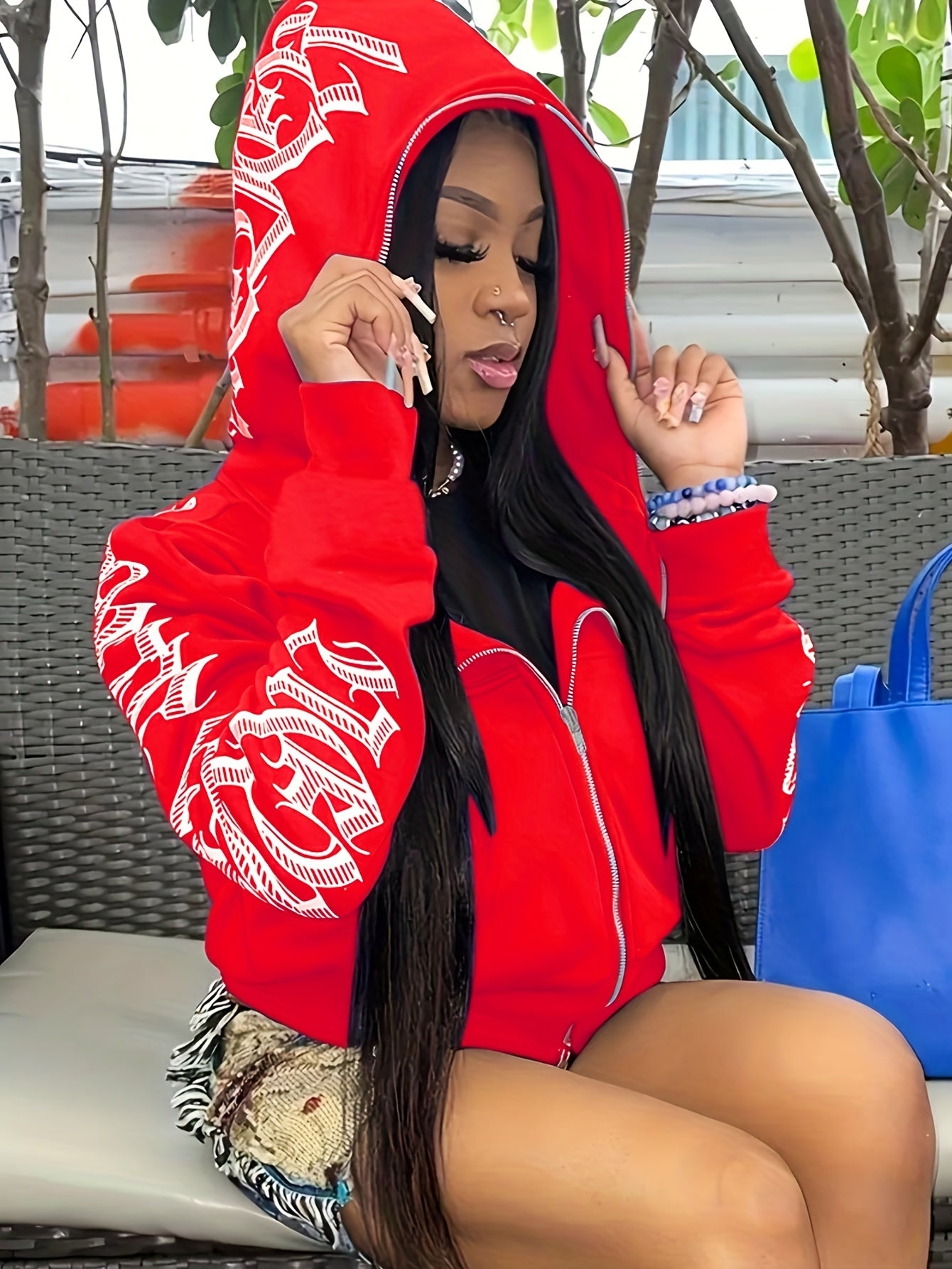 [Gothic Punk Hoodies] Cyber Y2K Gothic Punk Long Sleeve Zip Up Hoodies, Women's Letter Print Sweatshirt