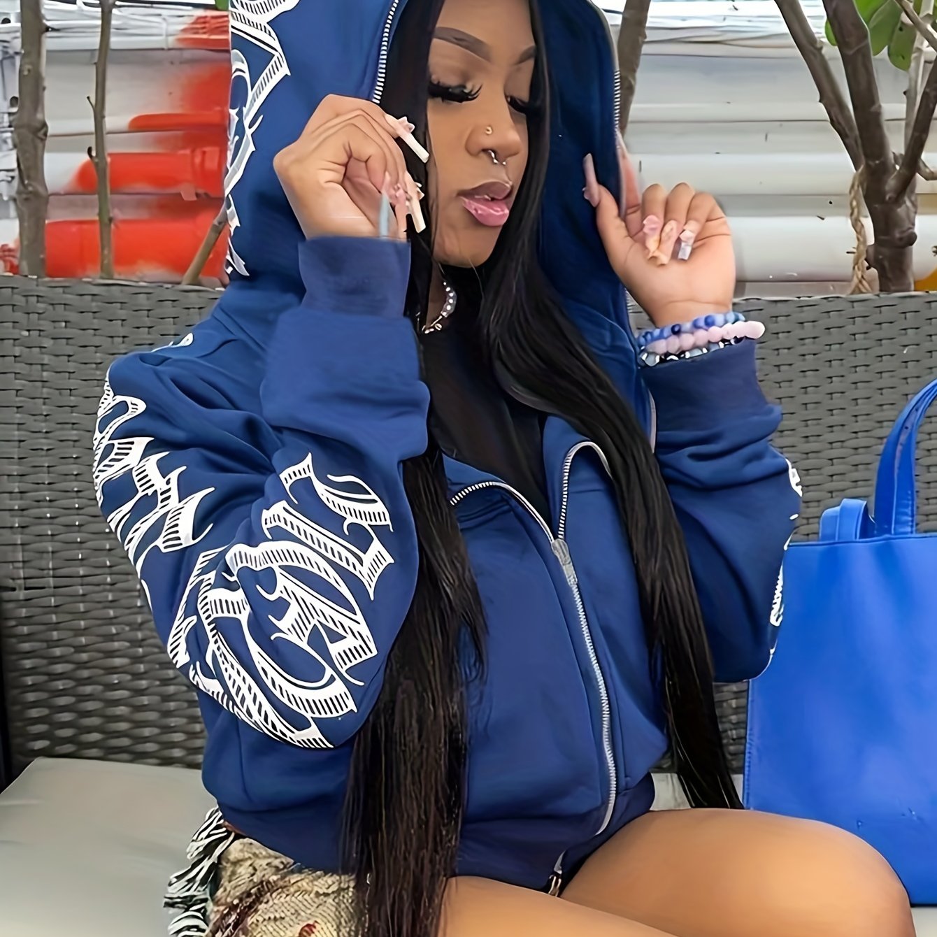 [Gothic Punk Hoodies] Cyber Y2K Gothic Punk Long Sleeve Zip Up Hoodies, Women's Letter Print Sweatshirt