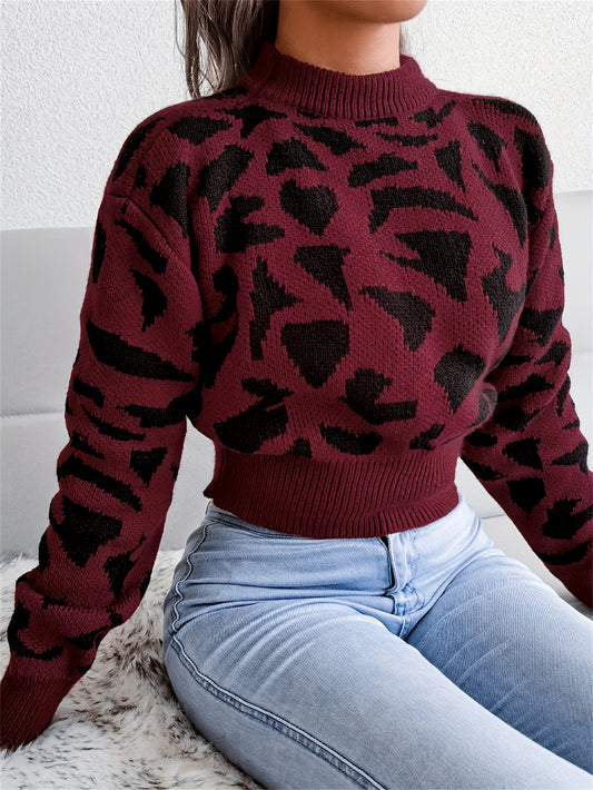Leopard Print Crop Sweater, Casual Crew Neck Long Sleeve Sweater, Casual Tops For Fall & Winter, Women's Clothing