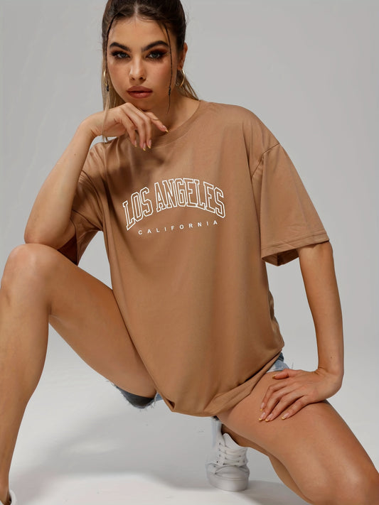 Solid Color Letter Print Casual Sports T Shirt, Soft Crew Neck Short Sleeve Tee, Women's Clothing