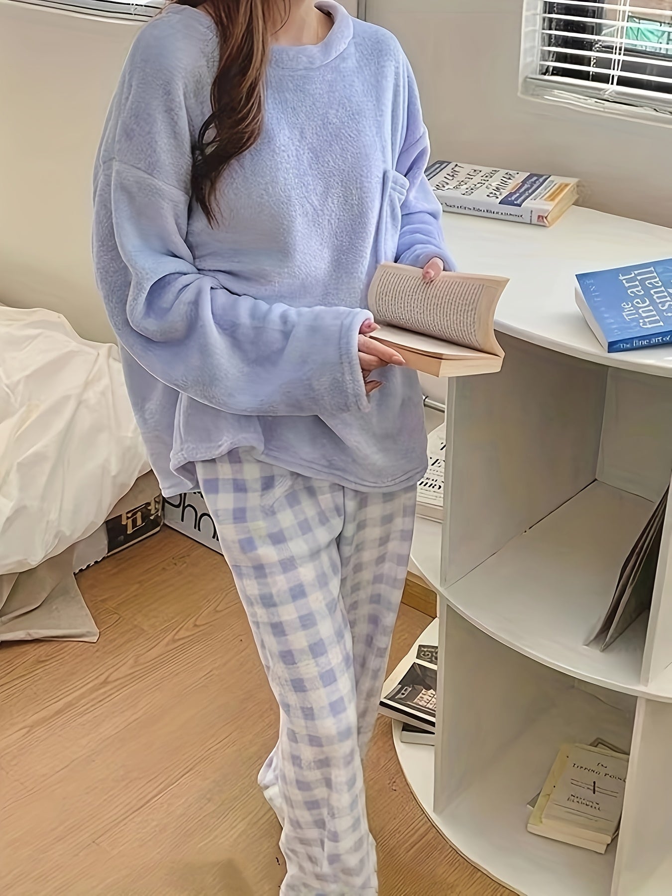Winter Warm Velvet Pajama Set, Plaid Pattern Pajama, Solid Color Casual Home Wear Set
