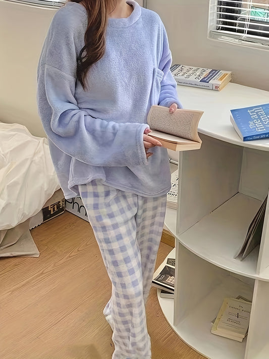 Winter Warm Velvet Pajama Set, Plaid Pattern Pajama, Solid Color Casual Home Wear Set
