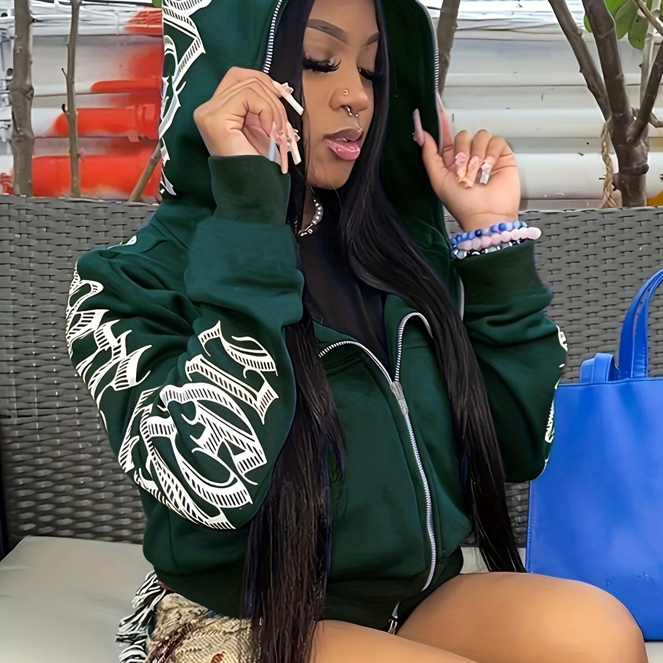 [Gothic Punk Hoodies] Cyber Y2K Gothic Punk Long Sleeve Zip Up Hoodies, Women's Letter Print Sweatshirt