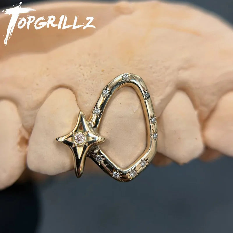 TOPGRILLZ Geometric Single Skeleton Iced Out Star Zircon Teeth Grillz Vintage CZ Stone Tooth Caps For Women Men Halloween Gift