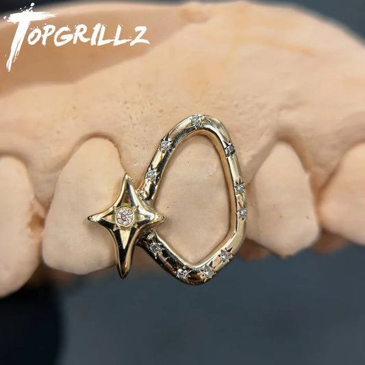 TOPGRILLZ Geometric Single Skeleton Iced Out Star Zircon Teeth Grillz Vintage CZ Stone Tooth Caps For Women Men Halloween Gift