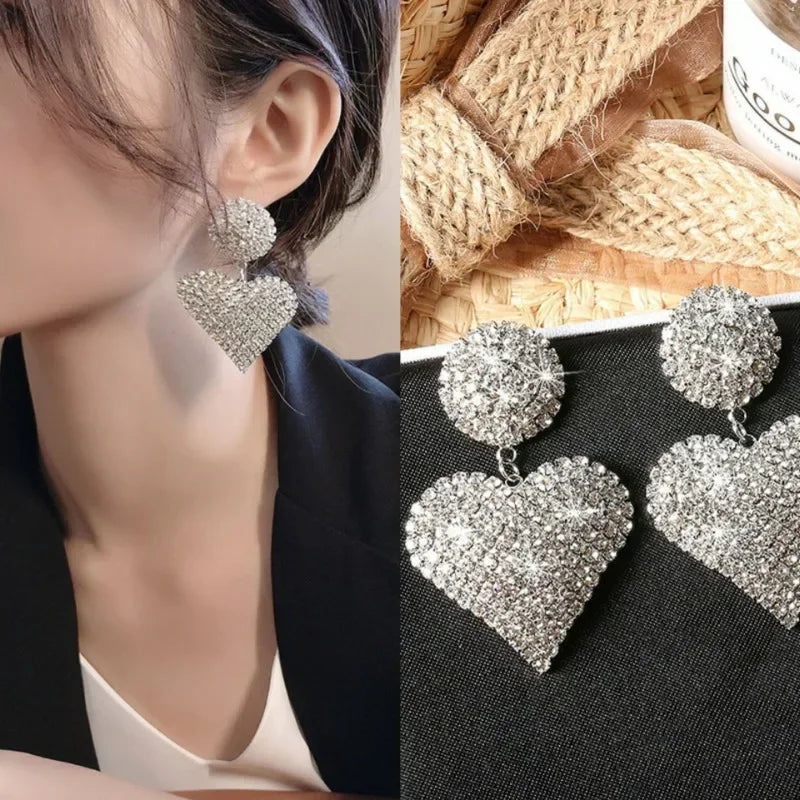 Heart Earrings  Women's Luxurious Geometric Full Rhinestone Earrings Korean Gold Color Love 2023 Fashion Jewelry Accessories