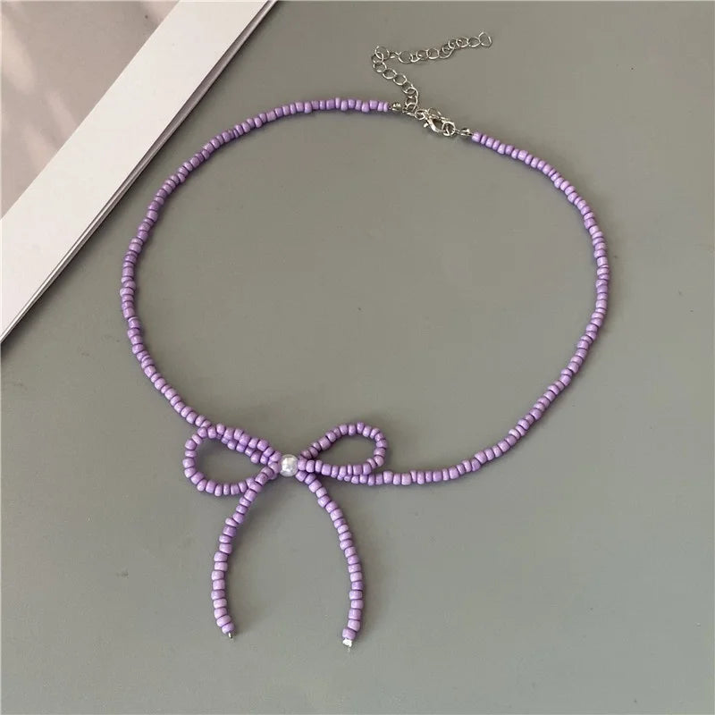 Korean Fashion Knotbow Choker Necklace for Girl Trendy Romantic Handmade Rice Beads Short Neck Jewelry Gift for Friend Wholesale