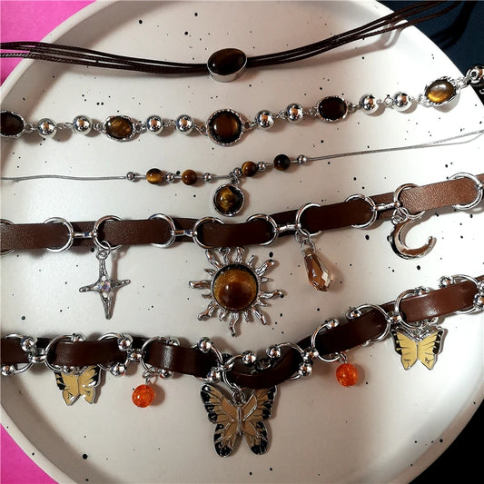 Punk Charm Sun Cross Butterfly Pendants Choker Chain Necklace For Men Women Trendy Y2K EMO Hip Hop Grunge Accessories Jewelry