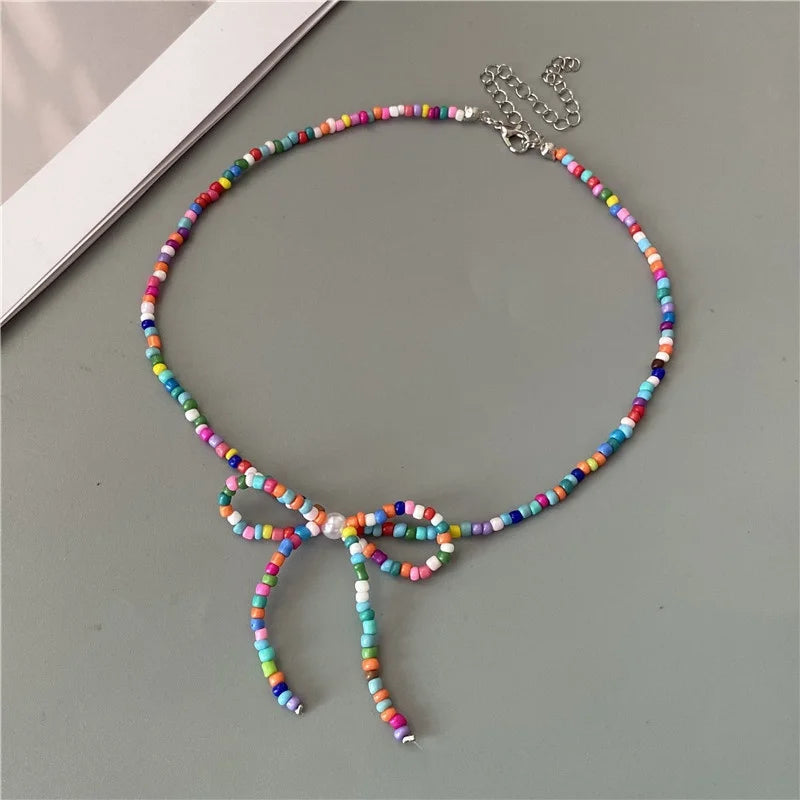 Korean Fashion Knotbow Choker Necklace for Girl Trendy Romantic Handmade Rice Beads Short Neck Jewelry Gift for Friend Wholesale