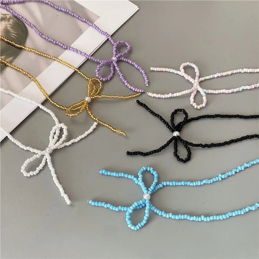 Korean Fashion Knotbow Choker Necklace for Girl Trendy Romantic Handmade Rice Beads Short Neck Jewelry Gift for Friend Wholesale