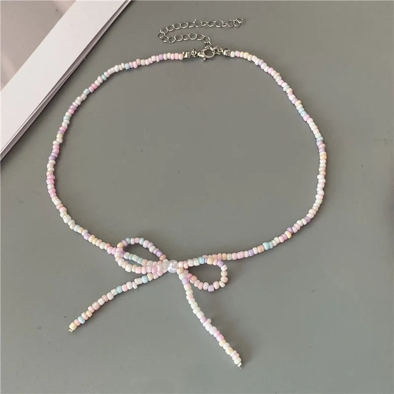Korean Fashion Knotbow Choker Necklace for Girl Trendy Romantic Handmade Rice Beads Short Neck Jewelry Gift for Friend Wholesale