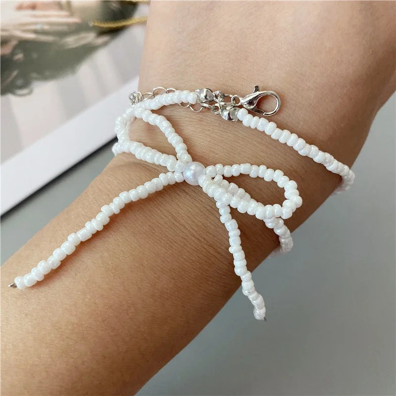 Korean Fashion Knotbow Choker Necklace for Girl Trendy Romantic Handmade Rice Beads Short Neck Jewelry Gift for Friend Wholesale