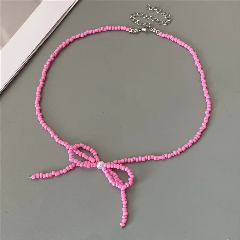 Korean Fashion Knotbow Choker Necklace for Girl Trendy Romantic Handmade Rice Beads Short Neck Jewelry Gift for Friend Wholesale