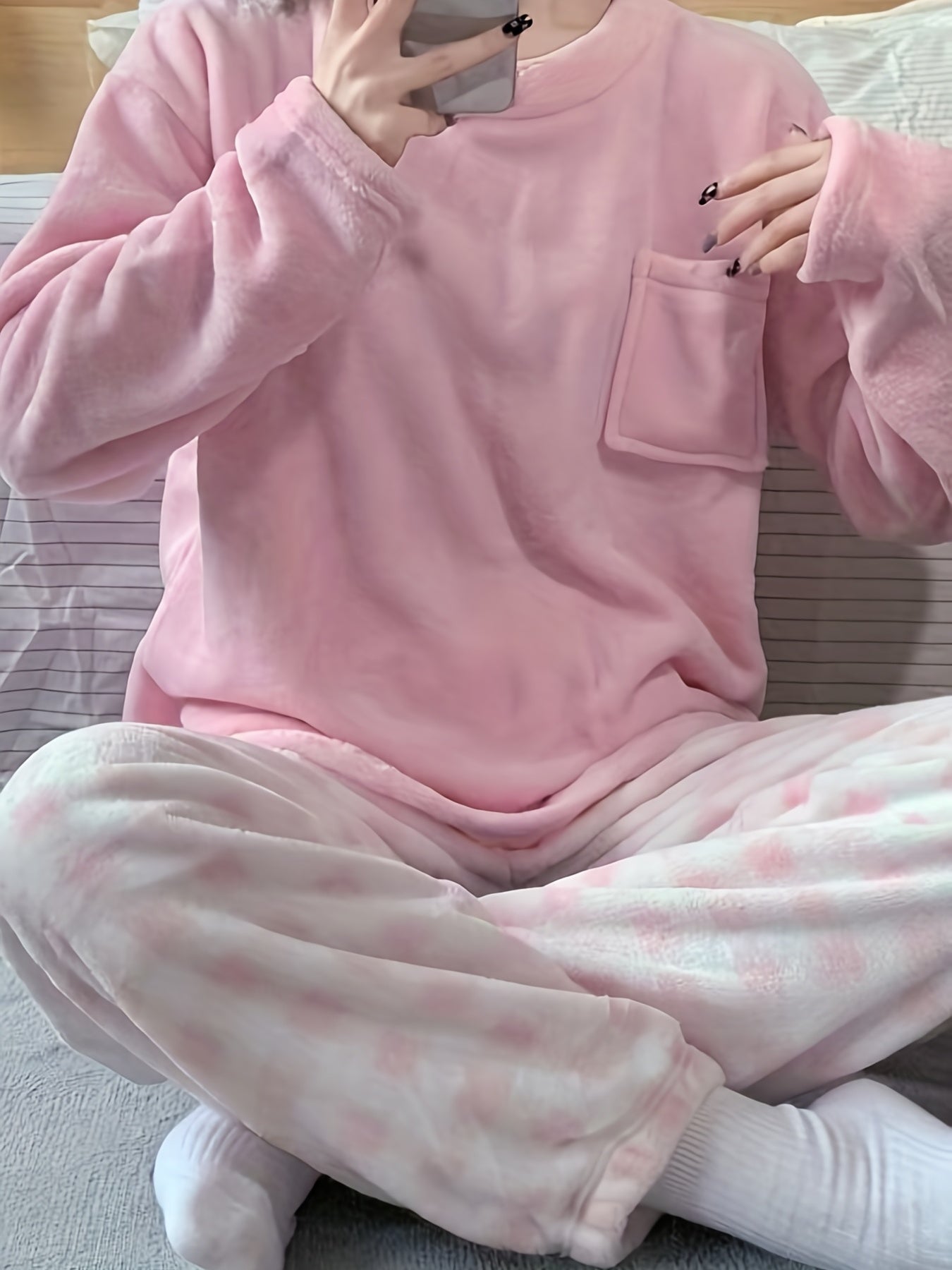 Winter Warm Velvet Pajama Set, Plaid Pattern Pajama, Solid Color Casual Home Wear Set