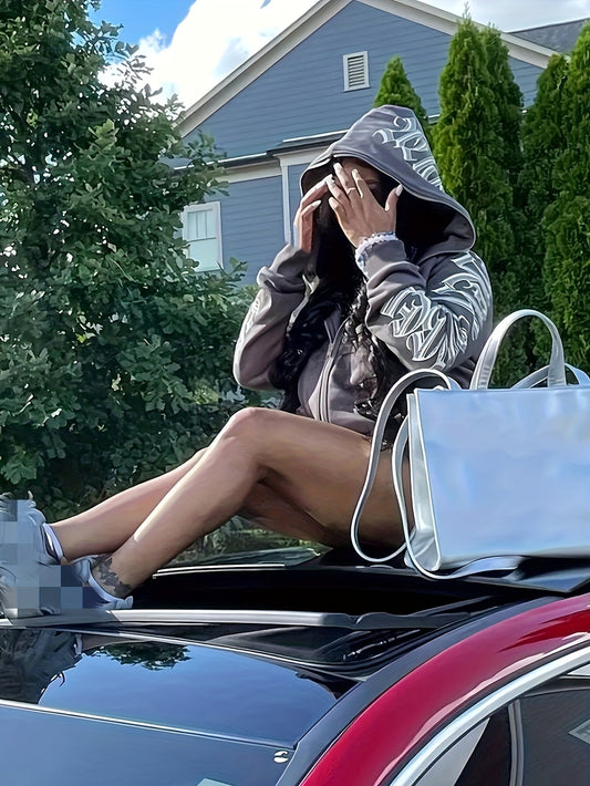 [Gothic Punk Hoodies] Cyber Y2K Gothic Punk Long Sleeve Zip Up Hoodies, Women's Letter Print Sweatshirt