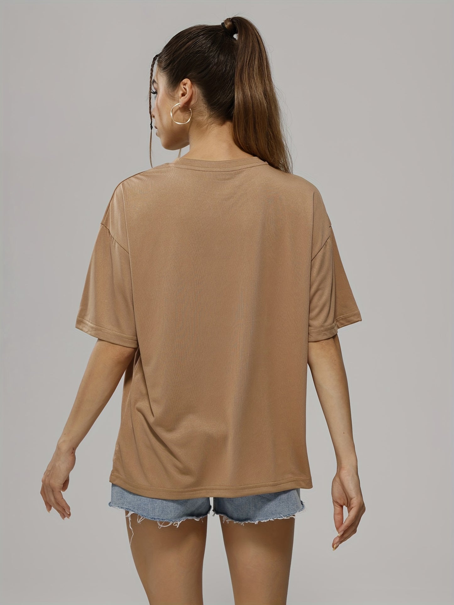 Solid Color Letter Print Casual Sports T Shirt, Soft Crew Neck Short Sleeve Tee, Women's Clothing