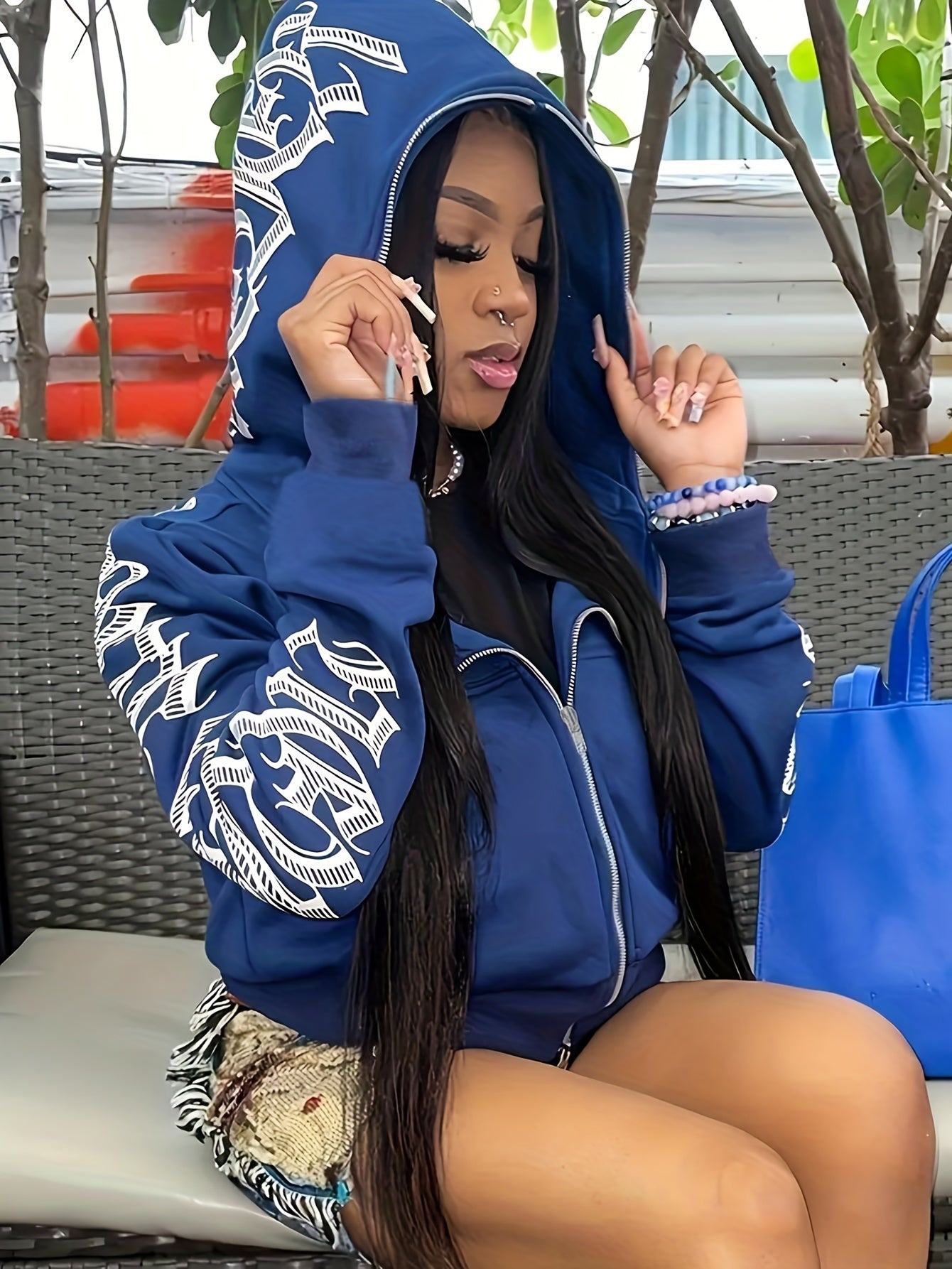 [Gothic Punk Hoodies] Cyber Y2K Gothic Punk Long Sleeve Zip Up Hoodies, Women's Letter Print Sweatshirt