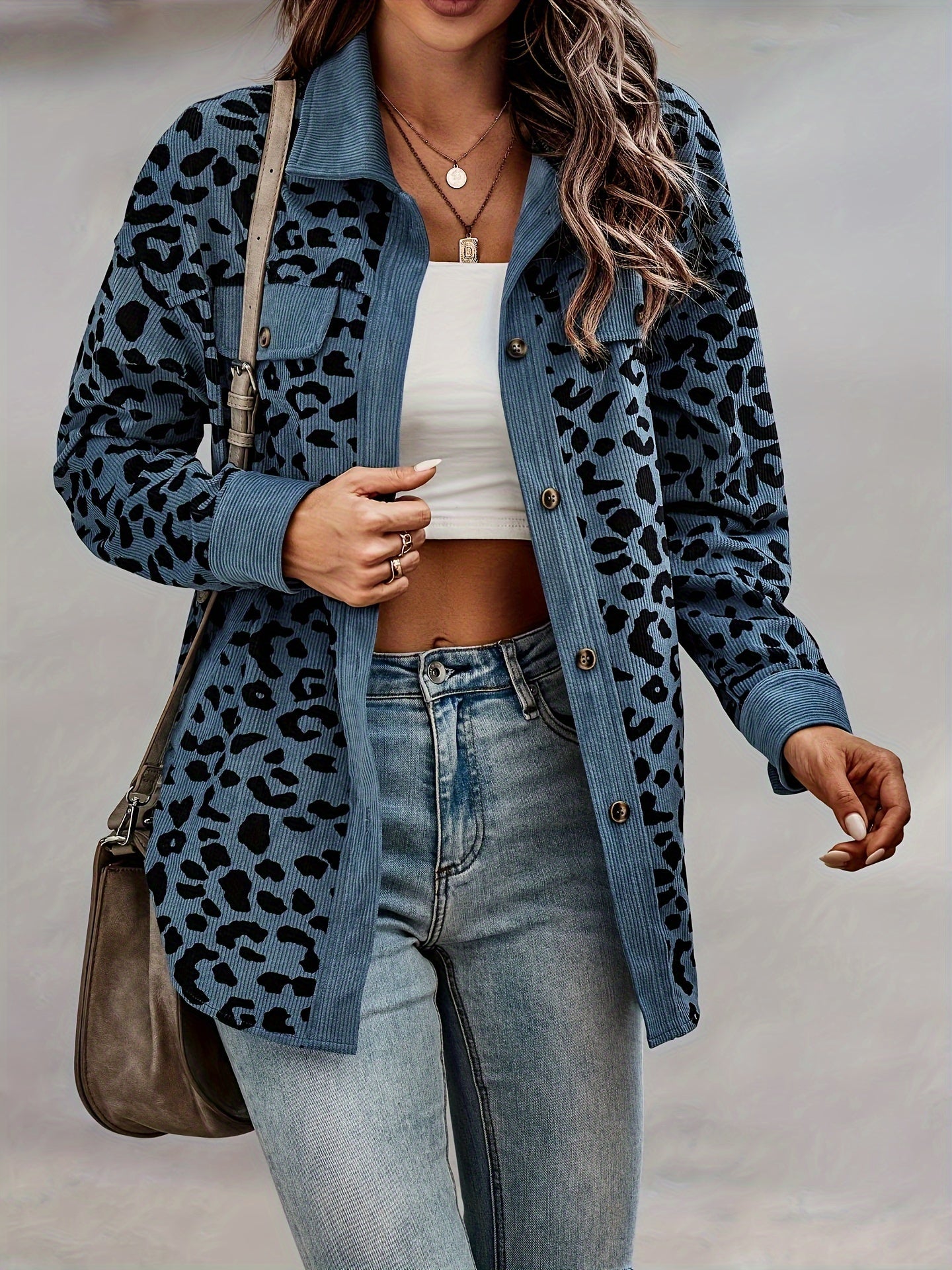 Women'S Y2K Leopard Print Jacket - Long Sleeve Button-Front Coat with Non-Stretch Fabric, Elegant Casual Outerwear for Everyday & Formal Events - Spring Fashion Outerwear for Women, Leopard Print Clothes, Versatile Layering,