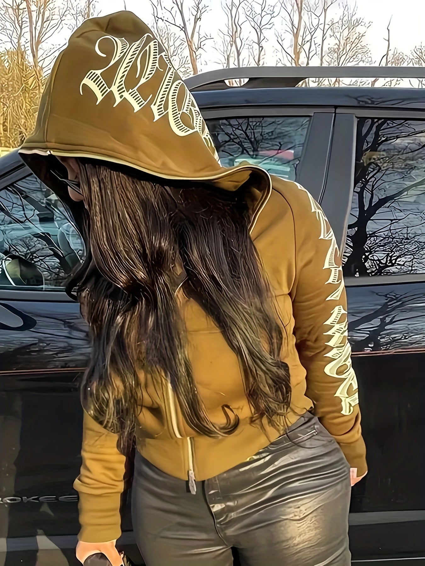 [Gothic Punk Hoodies] Cyber Y2K Gothic Punk Long Sleeve Zip Up Hoodies, Women's Letter Print Sweatshirt