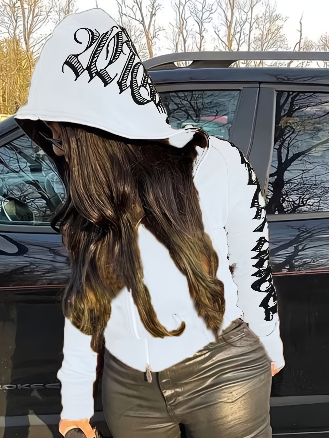 [Gothic Punk Hoodies] Cyber Y2K Gothic Punk Long Sleeve Zip Up Hoodies, Women's Letter Print Sweatshirt